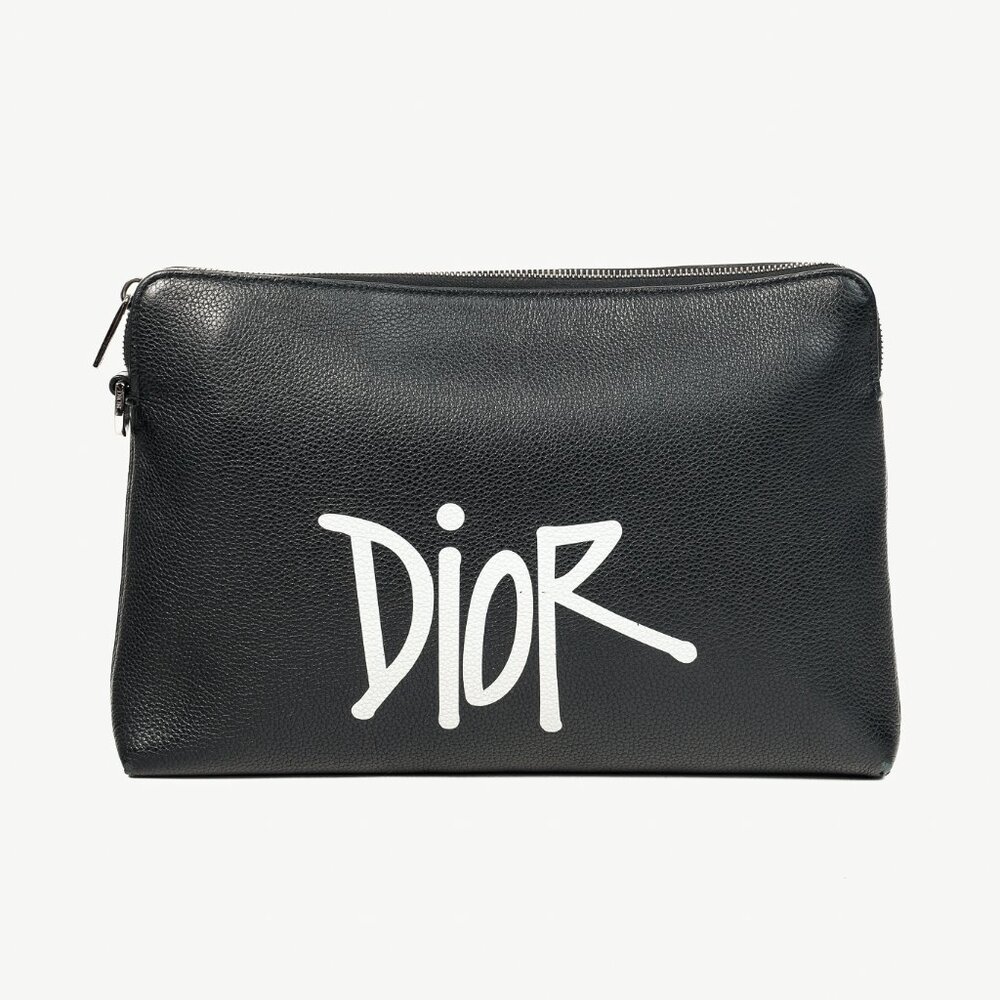 Dior X Shawn Stussy AW/20 Black Pebbled Leather Large Clutch